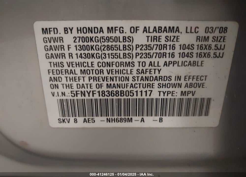 2008 HONDA PILOT SE VIN: 5FNYF18368B051117