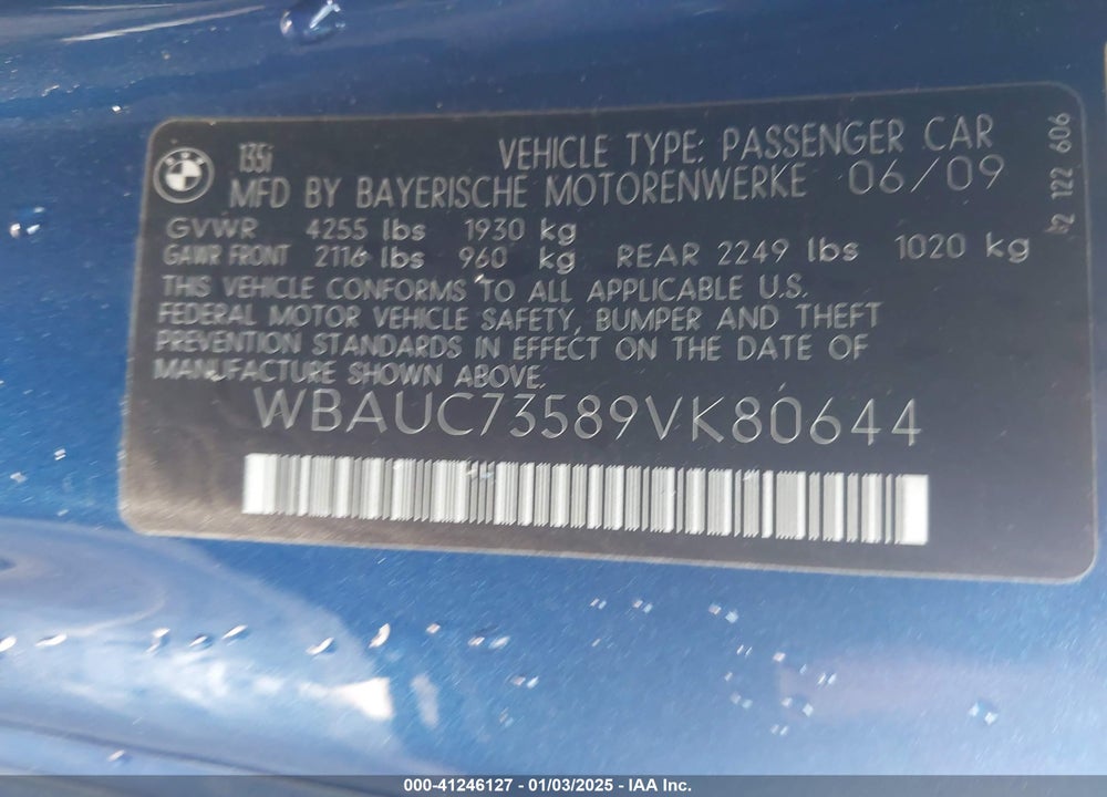 2009 BMW 135I VIN: WBAUC73589VK80644