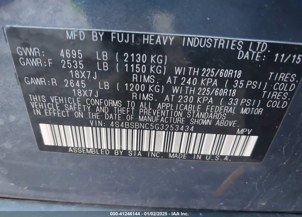 2016 SUBARU OUTBACK 2.5I LIMITED VIN: 4S4BSBNC5G3253434