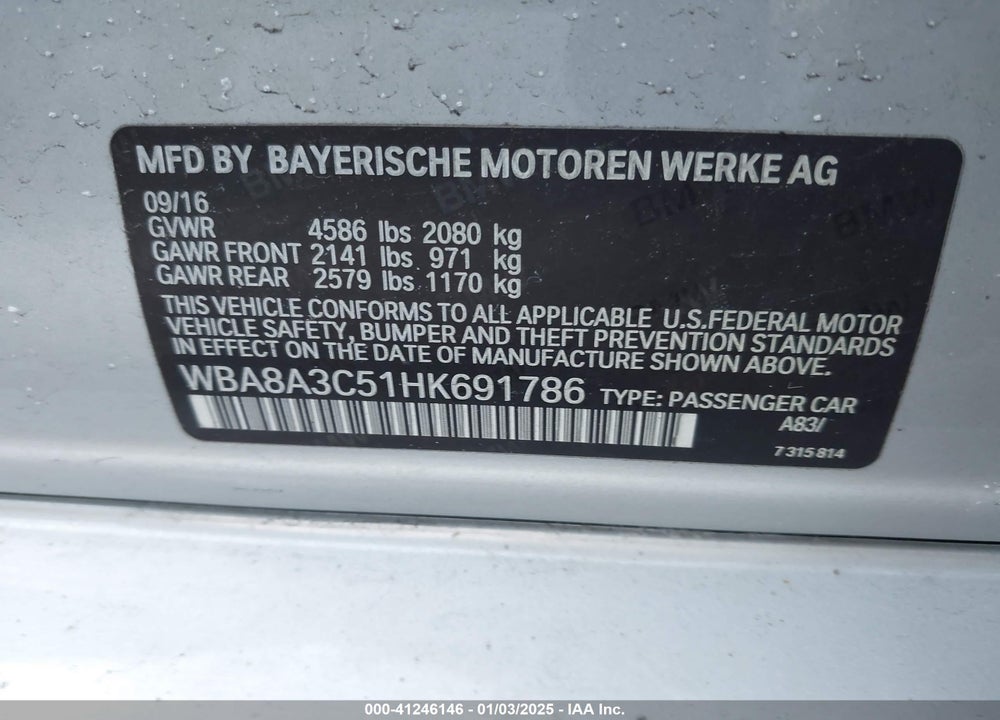 2017 BMW 320I XDRIVE VIN: WBA8A3C51HK691786