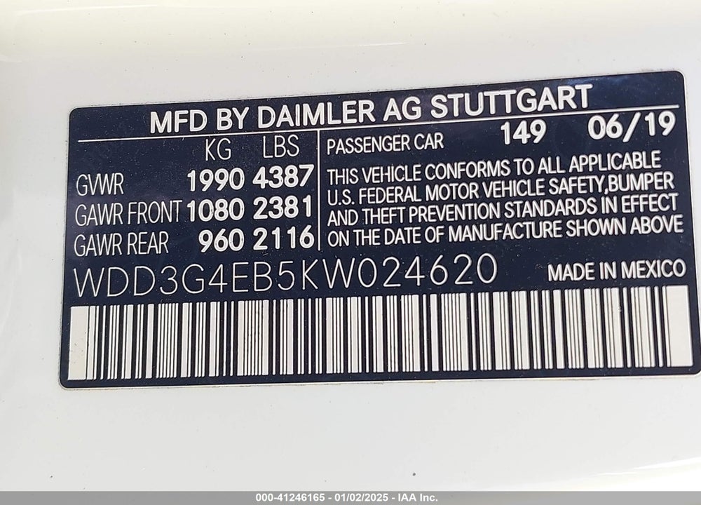 2019 MERCEDES-BENZ A 220 VIN: WDD3G4EB5KW024620