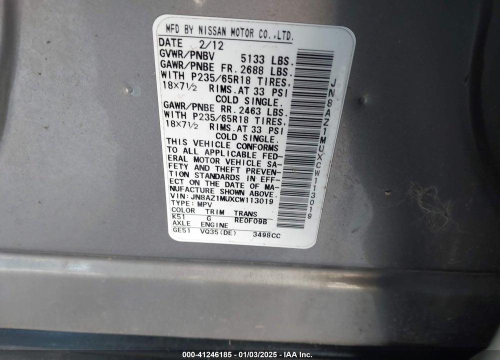 2012 NISSAN MURANO SL VIN: JN8AZ1MUXCW113019