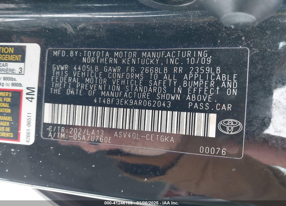 2010 TOYOTA CAMRY XLE VIN: 4T4BF3EK9AR062043