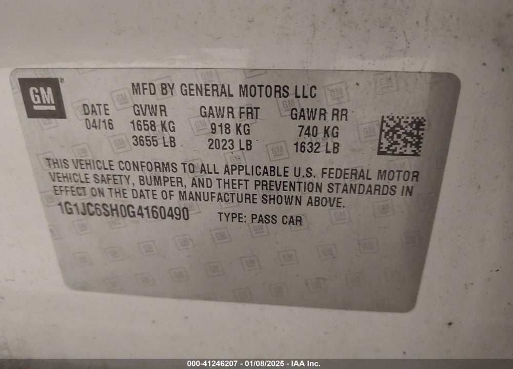 2016 CHEVROLET SONIC LT AUTO VIN: 1G1JC6SH0G4160490