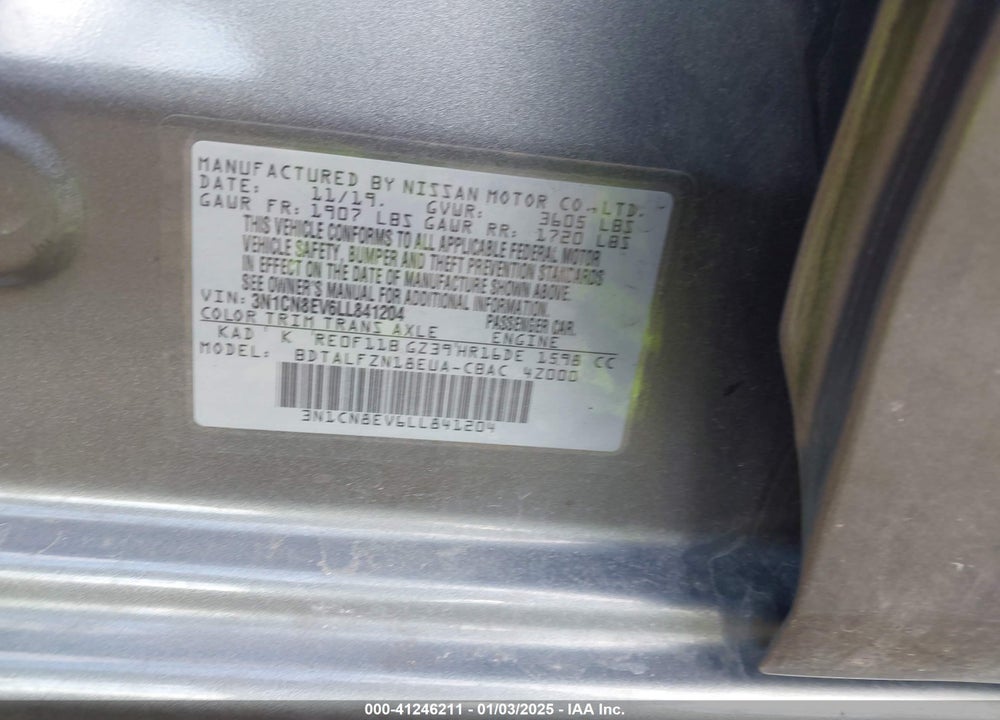 2020 NISSAN VERSA SV XTRONIC CVT VIN: 3N1CN8EV6LL841204