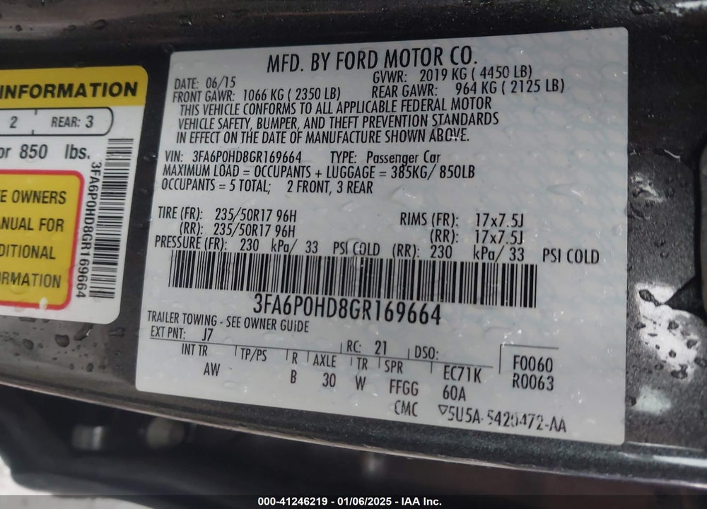 2016 FORD FUSION VIN: 3FA6P0HD8GR169664
