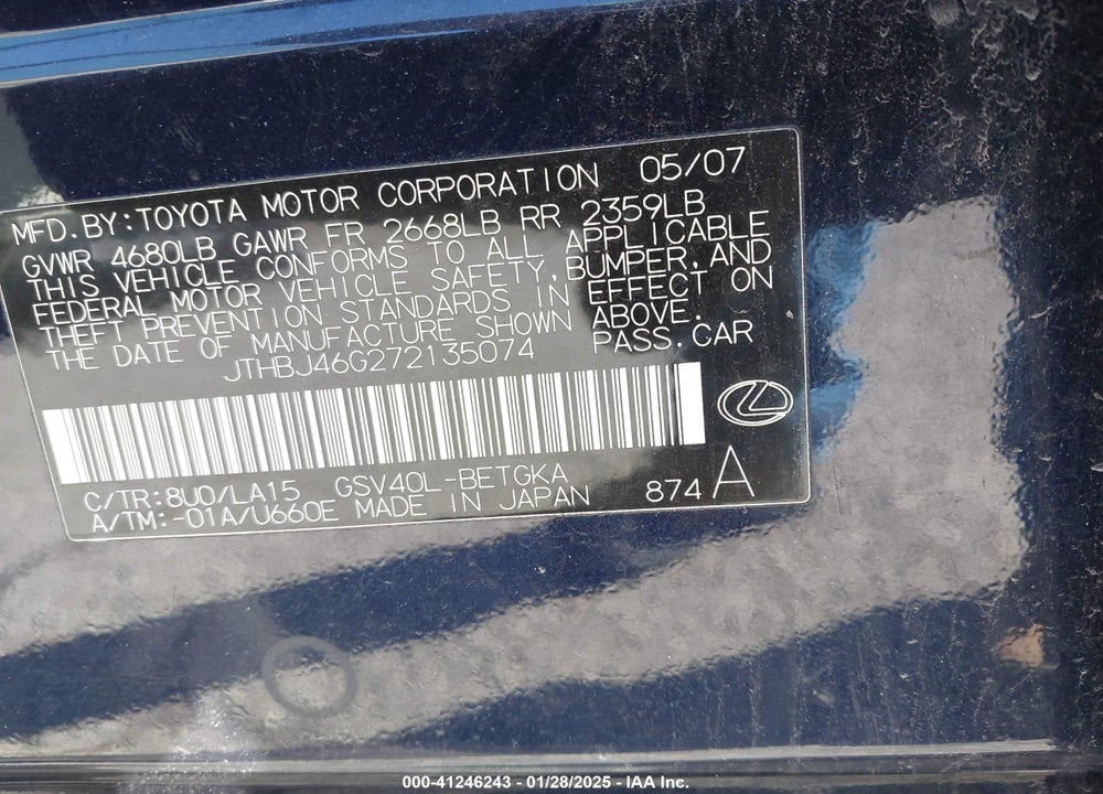 2007 LEXUS ES 350 VIN: JTHBJ46G272135074
