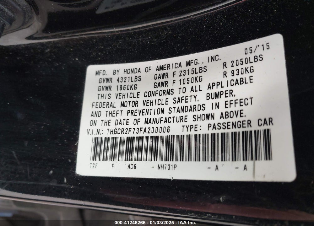 2015 HONDA ACCORD EX VIN: 1HGCR2F73FA200006