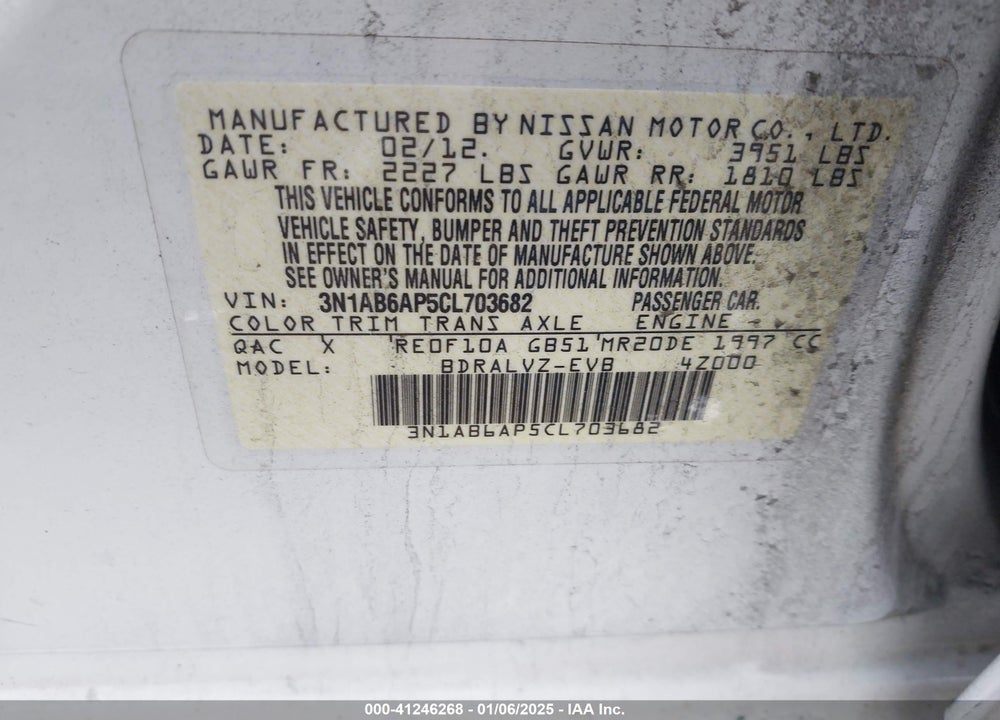2012 NISSAN SENTRA VIN: 3N1AB6AP5CL703682