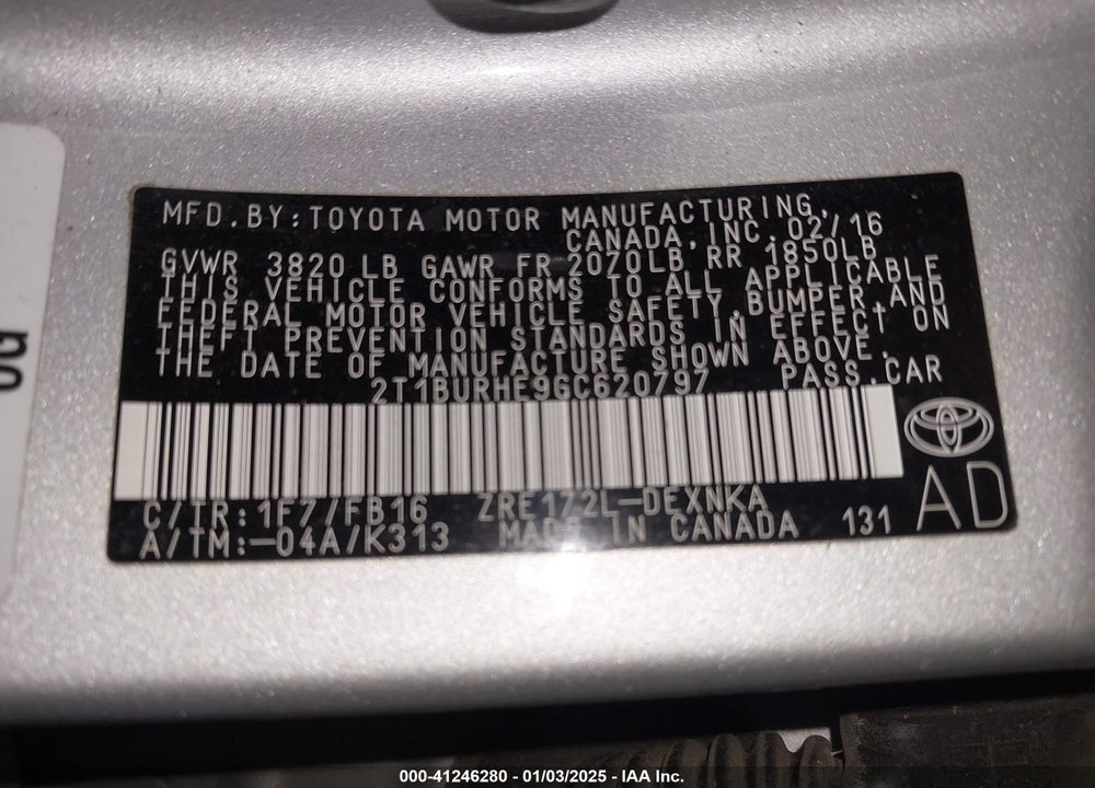 2016 TOYOTA COROLLA VIN: 2T1BURHE9GC620797