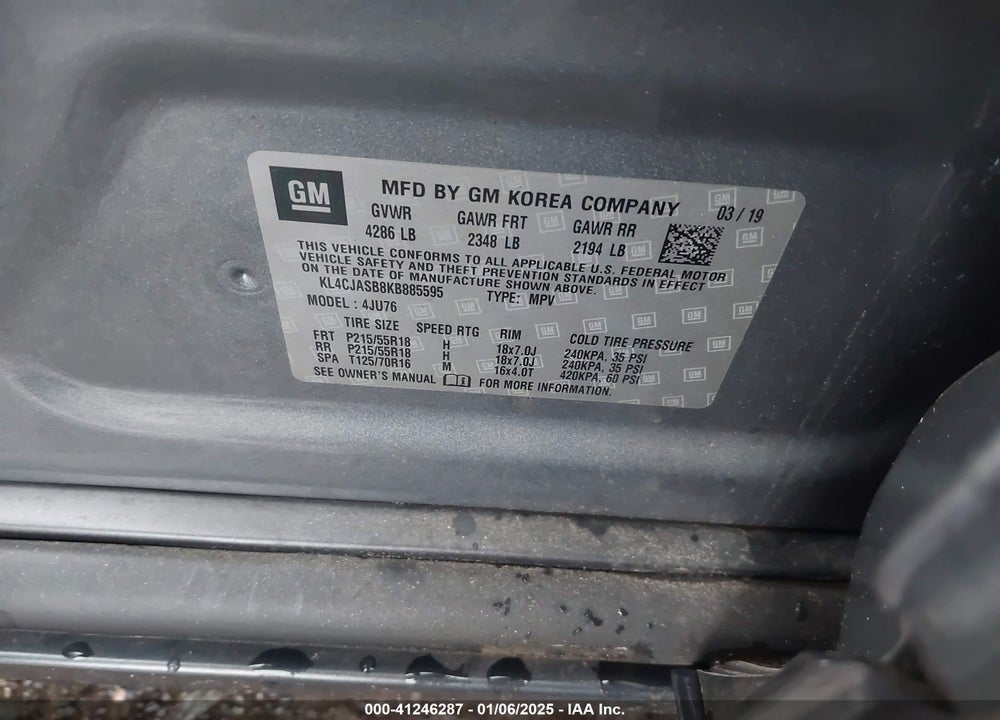 2019 BUICK ENCORE VIN: KL4CJASB8KB885595