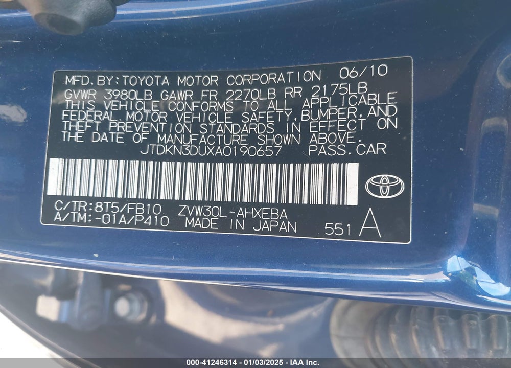 2010 TOYOTA PRIUS II VIN: JTDKN3DUXA0190657