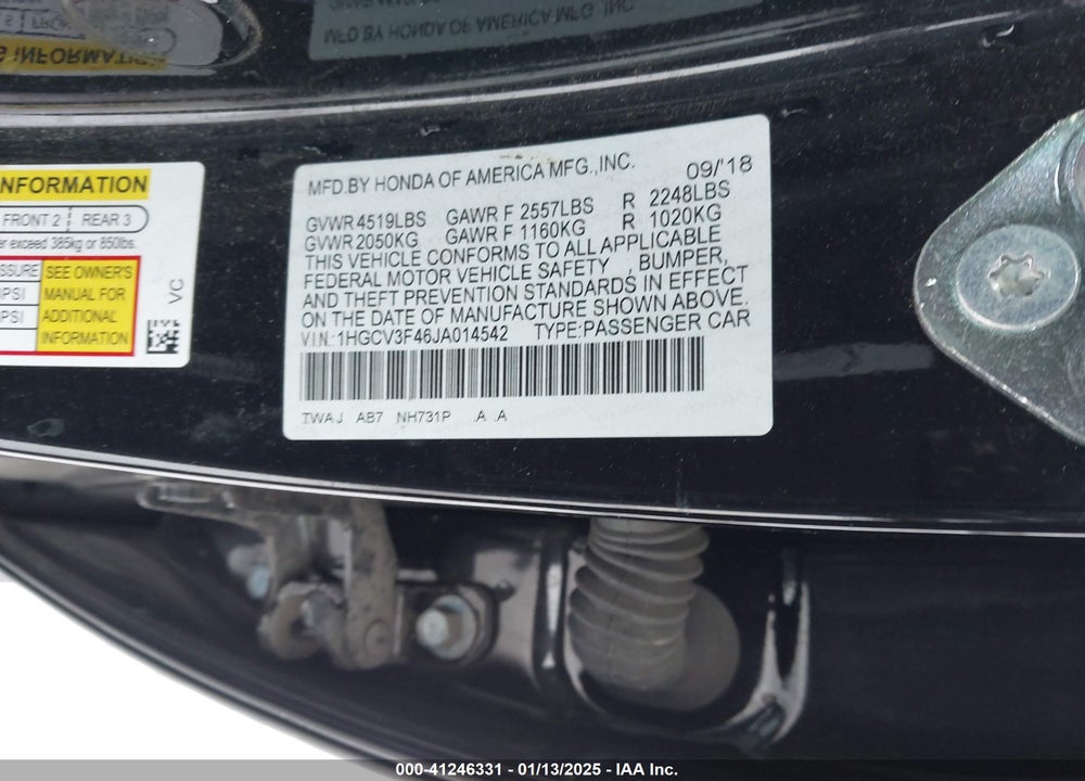 2018 HONDA ACCORD HYBRID VIN: 1HGCV3F46JA014542