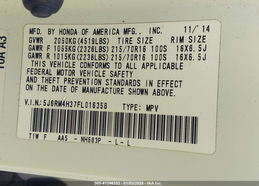 2015 HONDA CR-V LX VIN: 5J6RM4H37FL016358