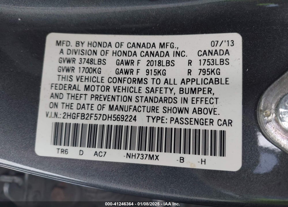 2013 HONDA CIVIC LX VIN: 2HGFB2F57DH569224