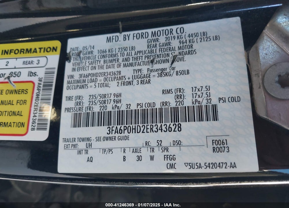 2014 FORD FUSION VIN: 3FA6P0HD2ER343628