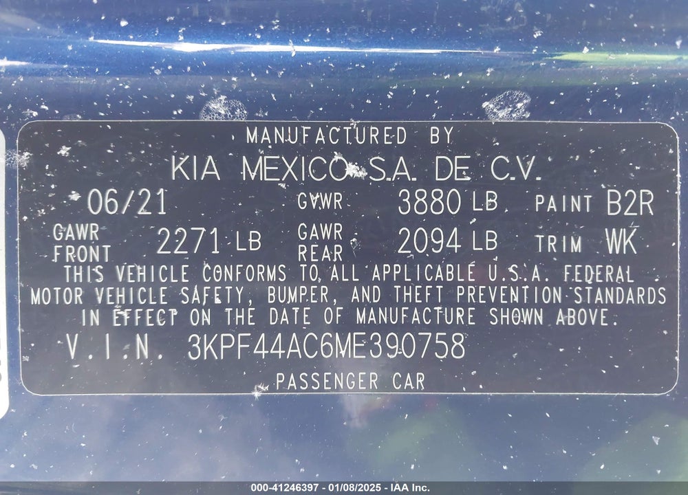 2021 KIA FORTE VIN: 3KPF44AC6ME390758
