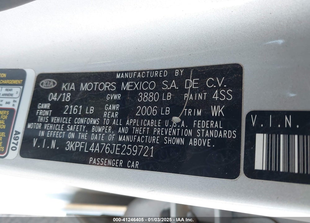 2018 KIA FORTE VIN: 3KPFL4A76JE259721