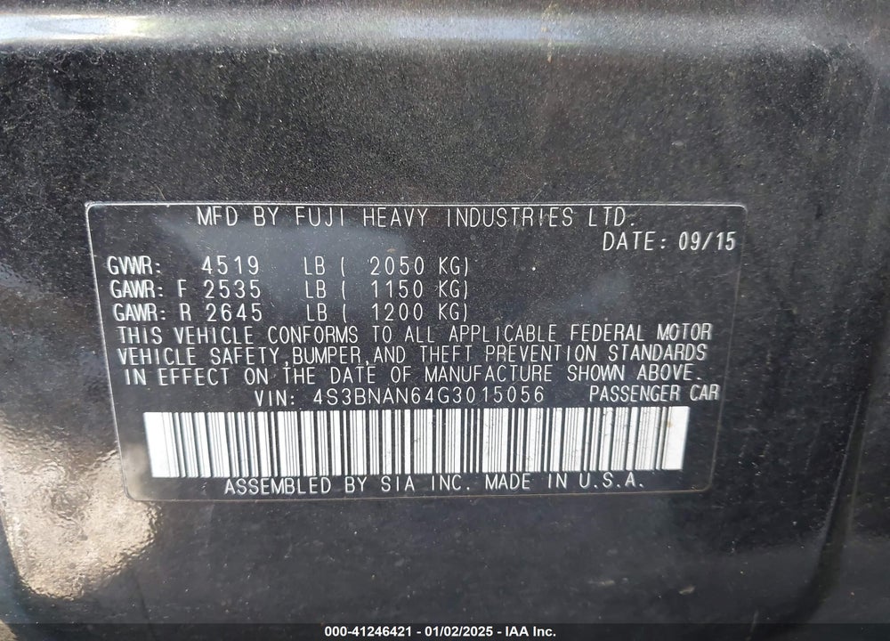 2016 SUBARU LEGACY 2.5I LIMITED VIN: 4S3BNAN64G3015056