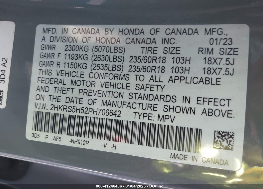 2023 HONDA CR-V VIN: 2HKRS5H52PH706642