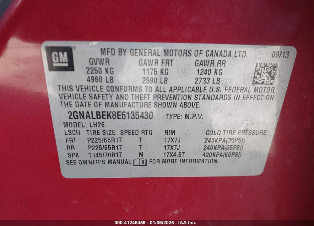 2014 CHEVROLET EQUINOX 1LT VIN: 2GNALBEK8E6135430