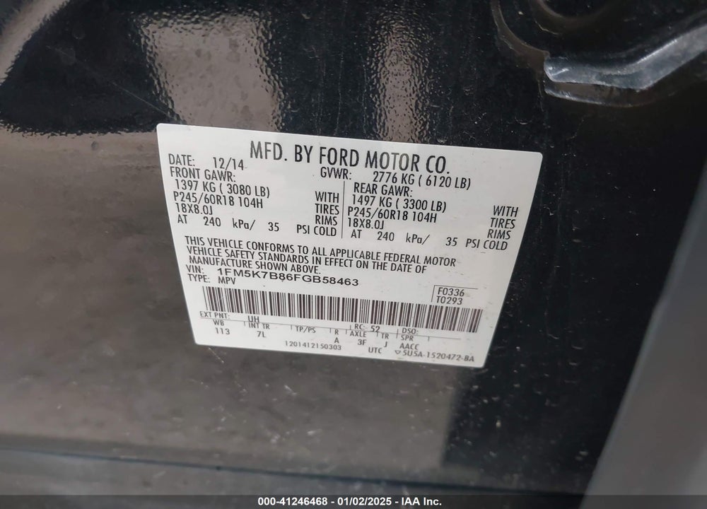 2015 FORD EXPLORER VIN: 1FM5K7B86FGB58463
