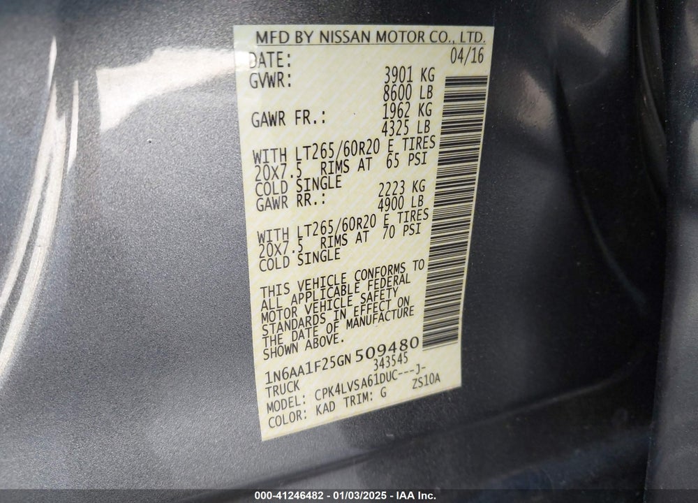 2016 NISSAN TITAN XD VIN: 1N6AA1F25GN509480