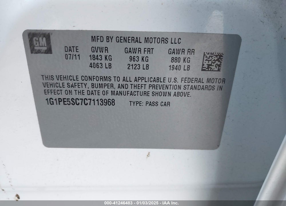 2012 CHEVROLET CRUZE LT VIN: 1G1PE5SC7C7113968