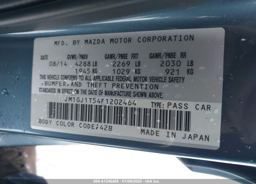 2015 MAZDA 6 VIN: JM1GJ1T54F1202464