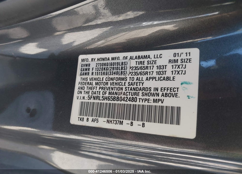 2011 HONDA ODYSSEY EX-L VIN: 5FNRL5H65BB042480
