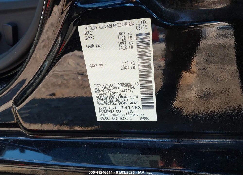 2020 NISSAN ALTIMA VIN: 1N4BL4EV1LC141468