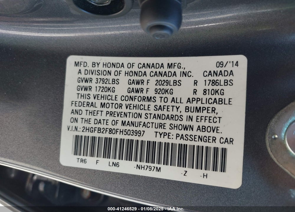 2015 HONDA CIVIC VIN: 2HGFB2F80FH503997