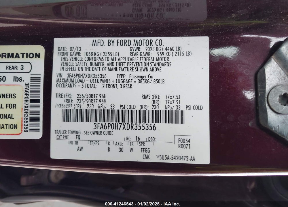 2013 FORD FUSION SE VIN: 3FA6P0H7XDR355356