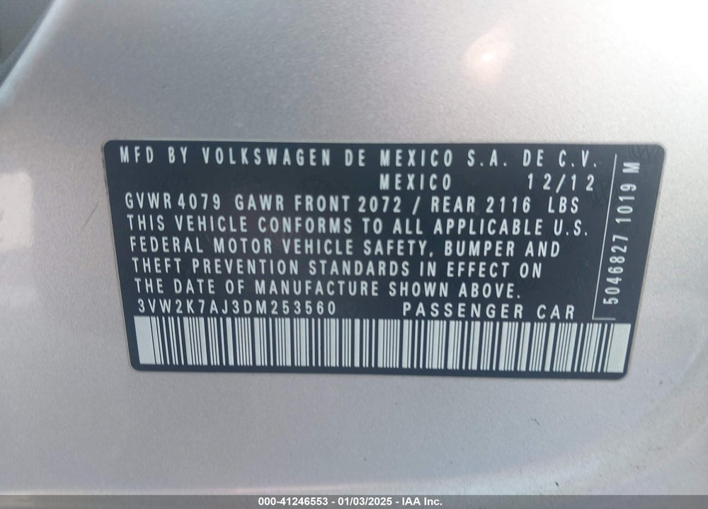 2013 VOLKSWAGEN JETTA VIN: 3VW2K7AJ3DM253560