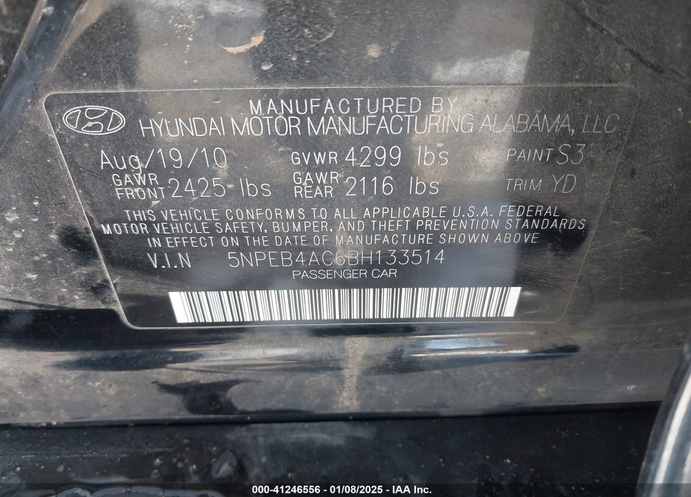 2011 HYUNDAI SONATA GLS VIN: 5NPEB4AC6BH133514
