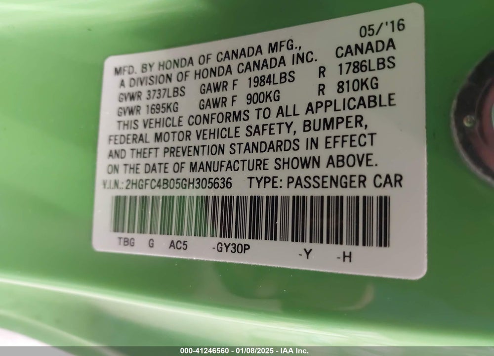 2016 HONDA CIVIC VIN: 2HGFC4B05GH305636