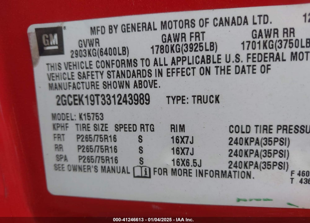 2003 CHEVROLET SILVERADO 1500 LS VIN: 2GCEK19T331243989
