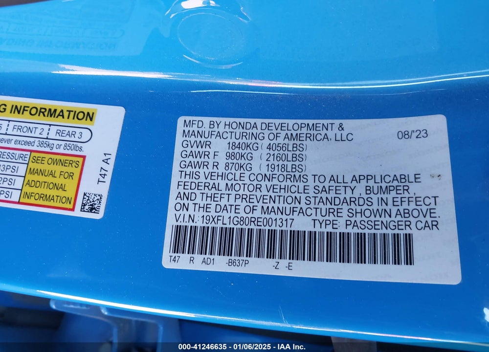 2024 HONDA CIVIC VIN: 19XFL1G80RE001317
