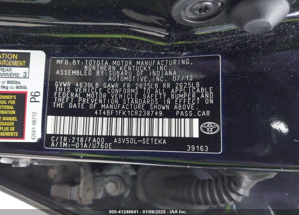 2012 TOYOTA CAMRY L VIN: 4T4BF1FK1CR238749