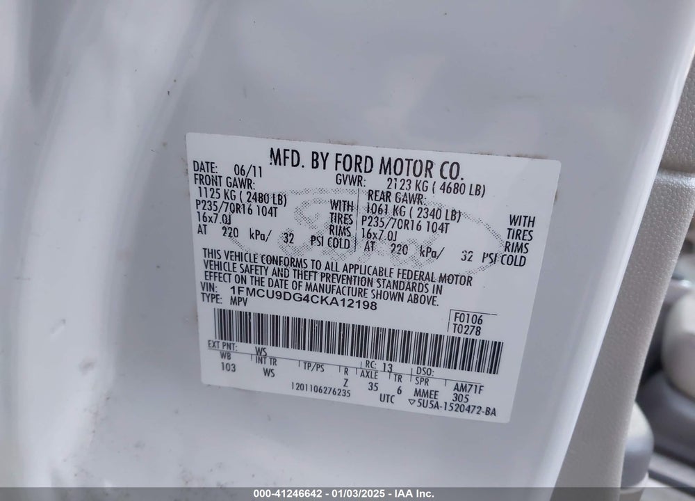 2012 FORD ESCAPE XLT VIN: 1FMCU9DG4CKA12198