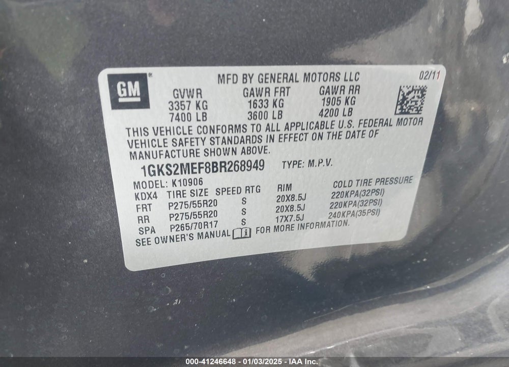2011 GMC YUKON XL 1500 DENALI VIN: 1GKS2MEF8BR268949