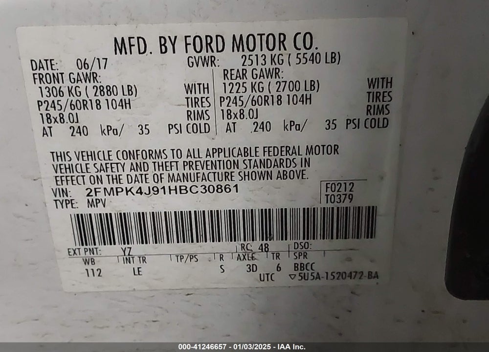 2017 FORD EDGE SEL VIN: 2FMPK4J91HBC30861