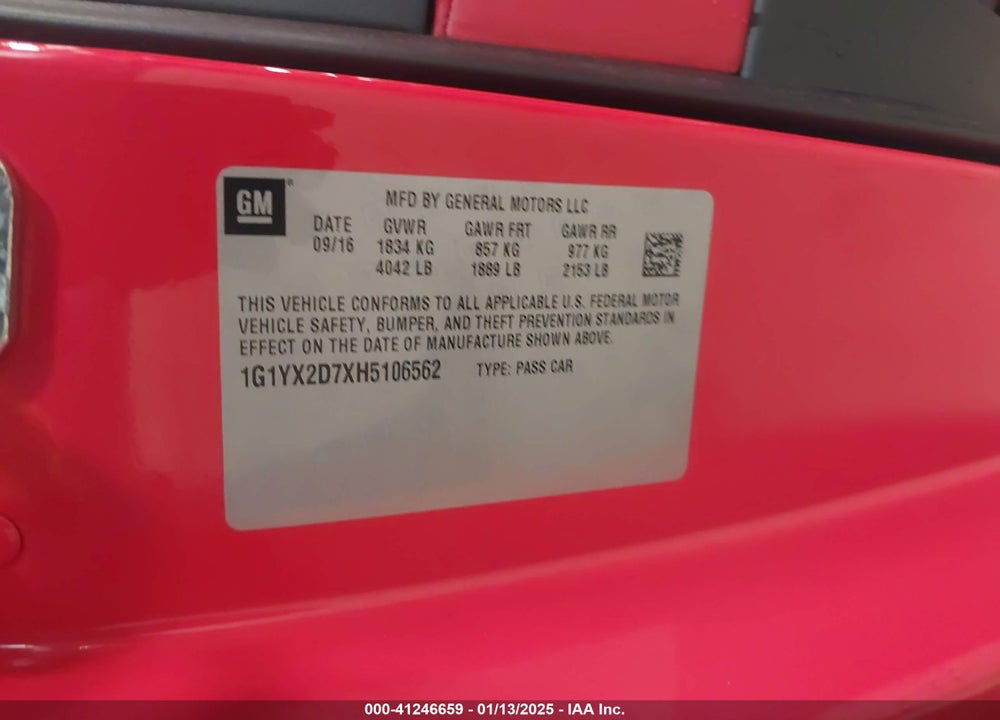2017 CHEVROLET CORVETTE VIN: 1G1YX2D7XH5106562