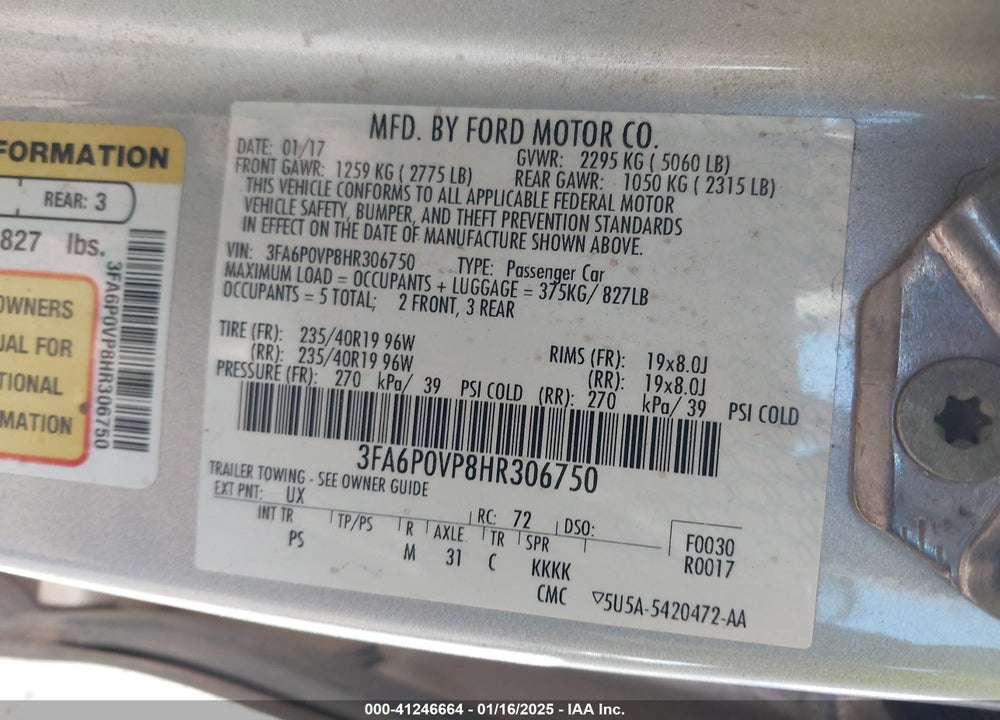 2017 FORD FUSION VIN: 3FA6P0VP8HR306750