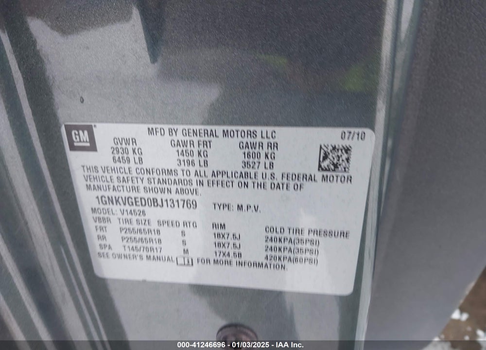 2011 CHEVROLET TRAVERSE 1LT VIN: 1GNKVGED0BJ131769