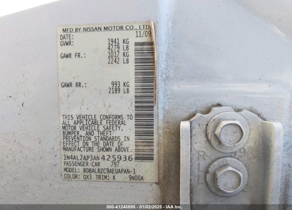 2010 NISSAN ALTIMA VIN: 1N4AL2AP3AN425936