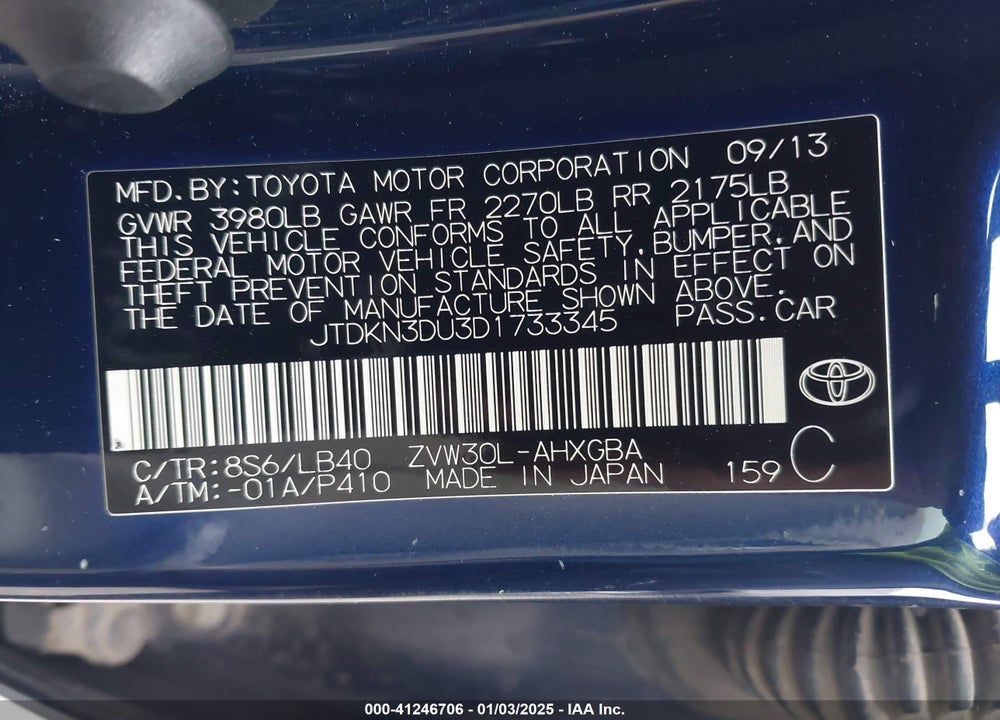2013 TOYOTA PRIUS VIN: JTDKN3DU3D1733345