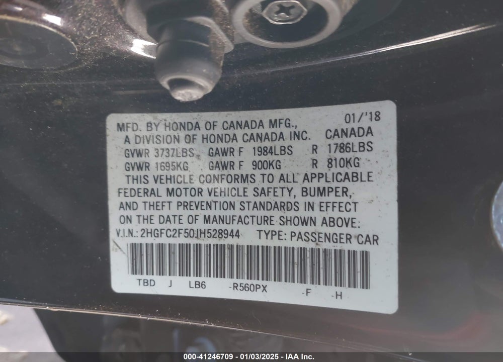 2018 HONDA CIVIC VIN: 2HGFC2F50JH528944