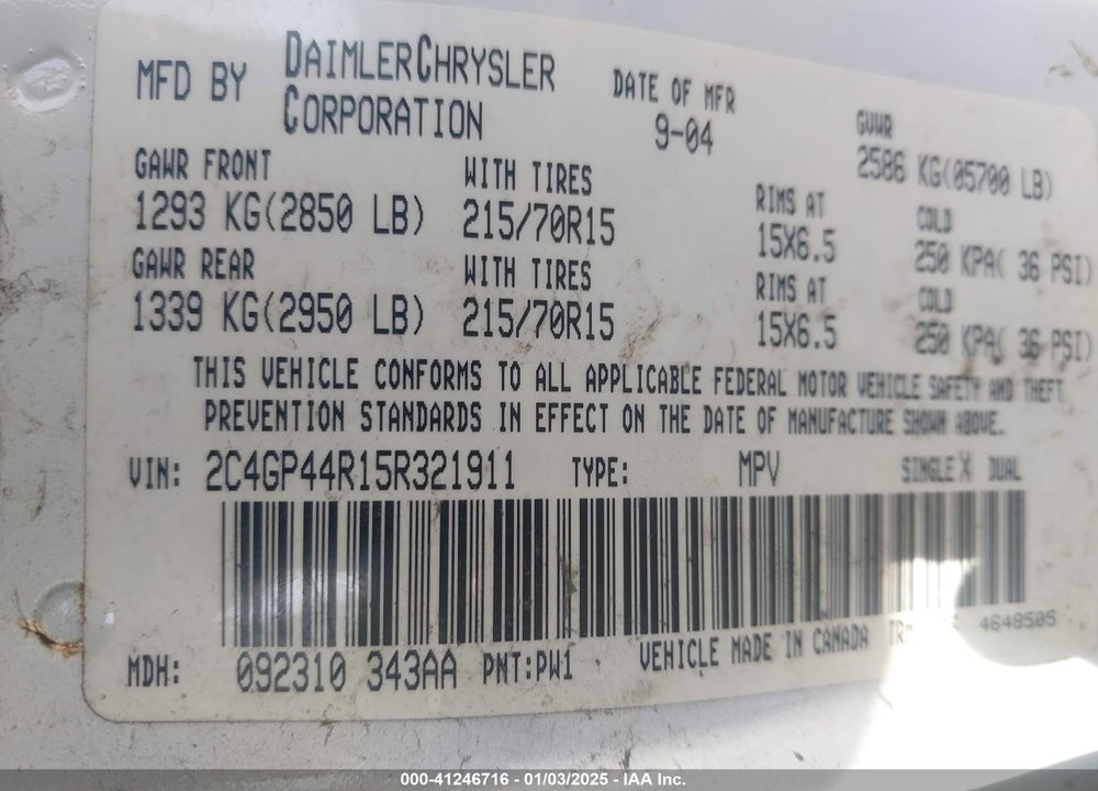 2005 CHRYSLER TOWN & COUNTRY LX VIN: 2C4GP44R15R321911