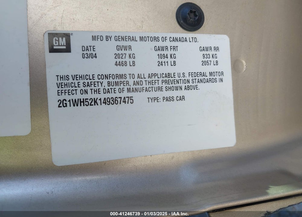 2004 CHEVROLET IMPALA LS VIN: 2G1WH52K149367475